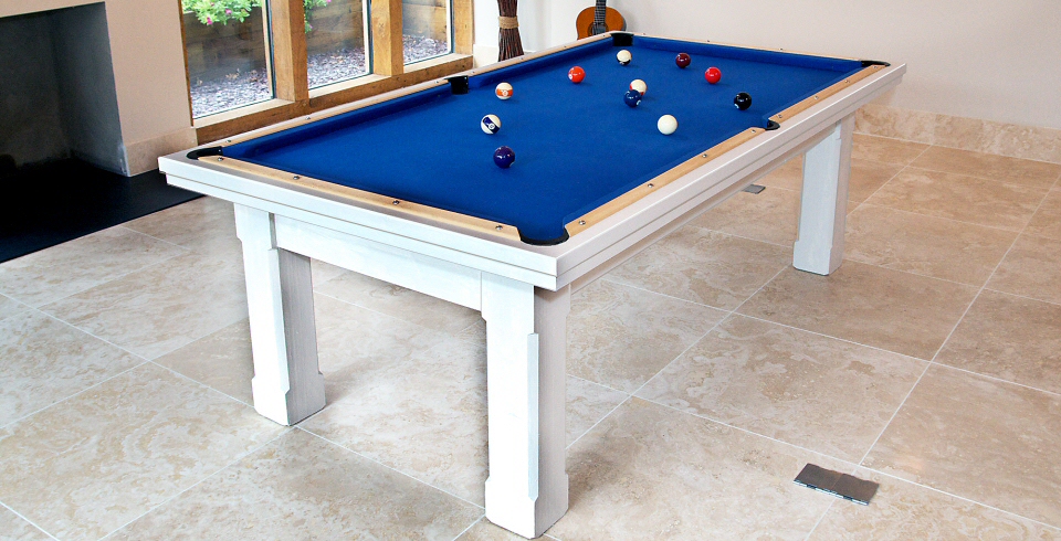 7ft pool table in white-painted pine with a blue cloth